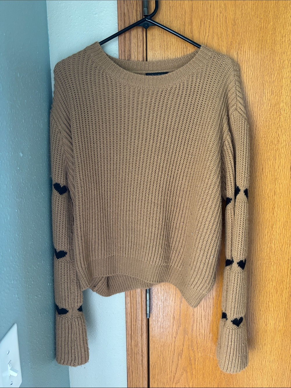 Women's Tan Knit Crewneck Sweater with Black Heart Bell Sleeve Detail